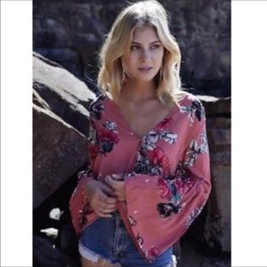 Jaase Rose Dreams Belted Bell Sleeve Peasant Top